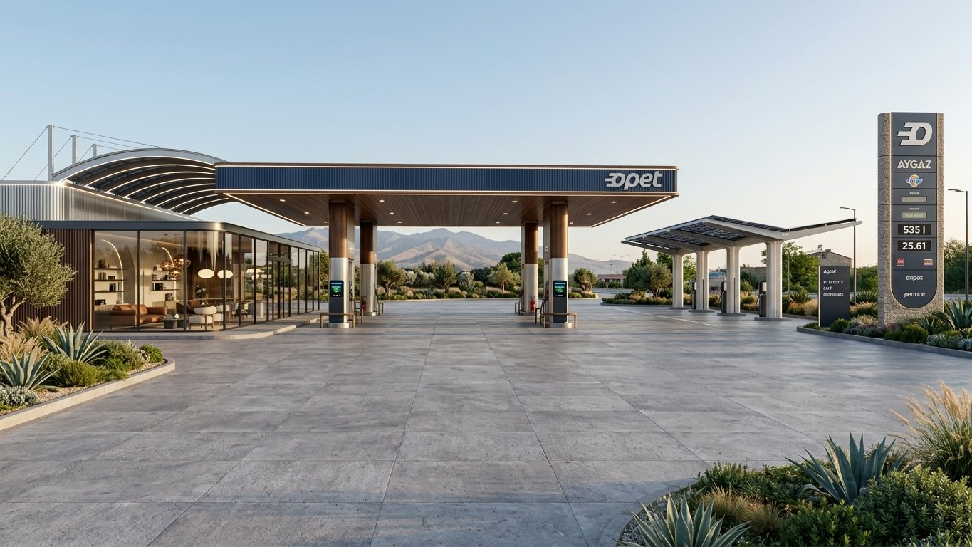 Redesign this Retail Store in a Luxury Resort style. Redesign this petrol station as a modern roadside travel hub — add a contemporary glass café building, EV charging bays with solar canopy, landscaped verge with native planting, and clean wayfinding signage. Keep structural layout identical but inject premium materials, cinematic lighting, and luxury furniture. 8k, photorealistic architectural lens.