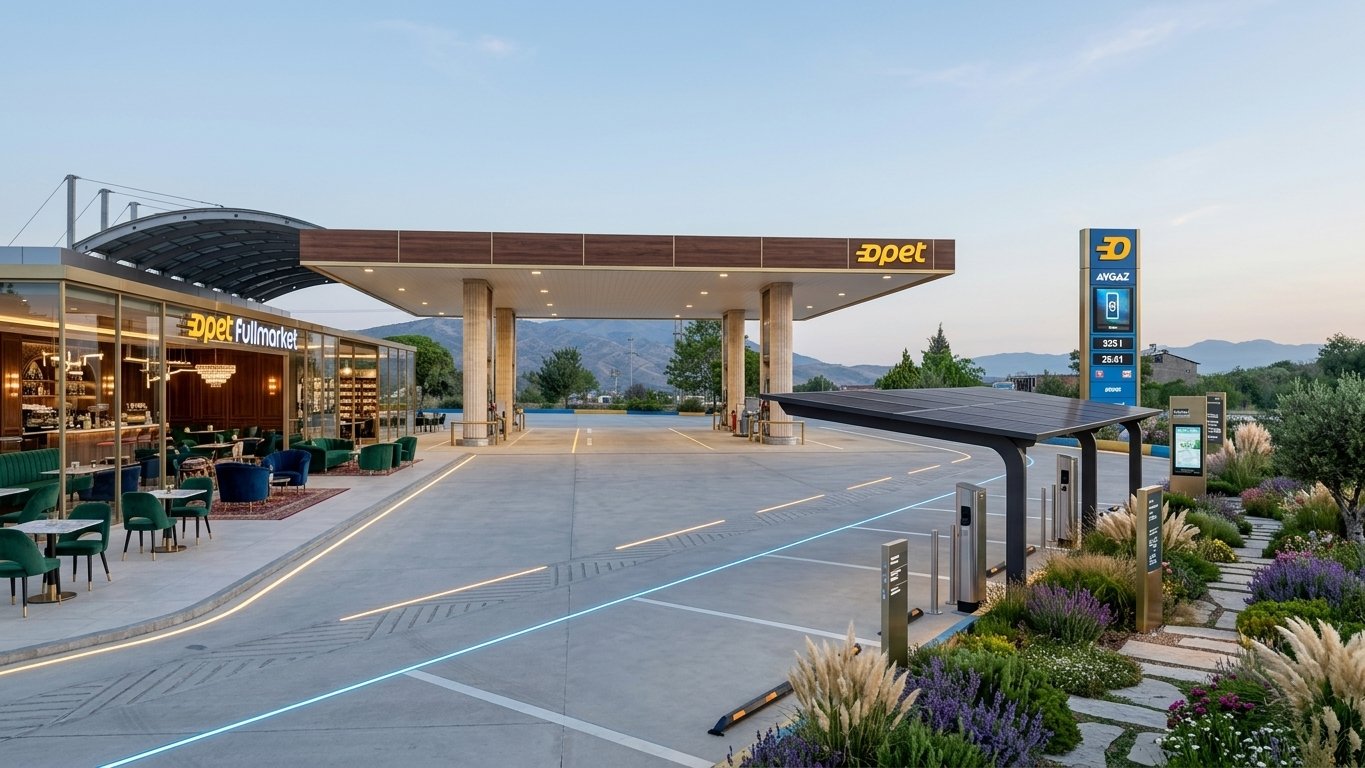 Redesign this Shop Front in a Maximalist style. Redesign this petrol station as a modern roadside travel hub — add a contemporary glass café building, EV charging bays with solar canopy, landscaped verge with native planting, and clean way finding signage. . Keep structural layout identical but inject premium materials, cinematic lighting, and luxury furniture. 8k, photorealistic architectural lens.